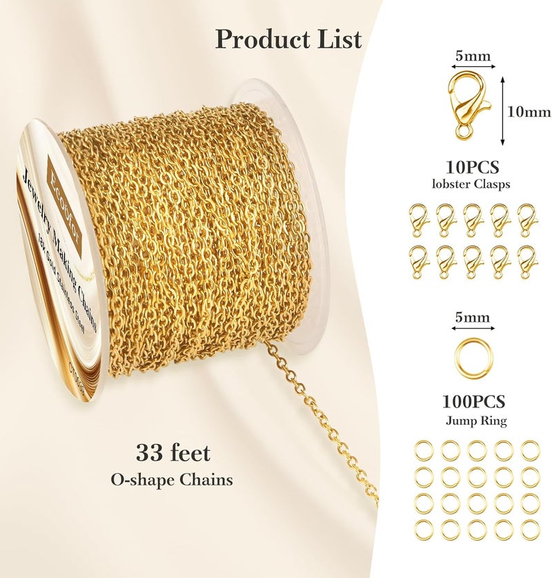 Ecoofor 33 Ft 18K Gold Stainless Steel O-Shaped Chain Roll for DIY Jewelry Making - 2mm Width Gold Plated Chain with Jump Rings & Lobster Clasps - Image 3